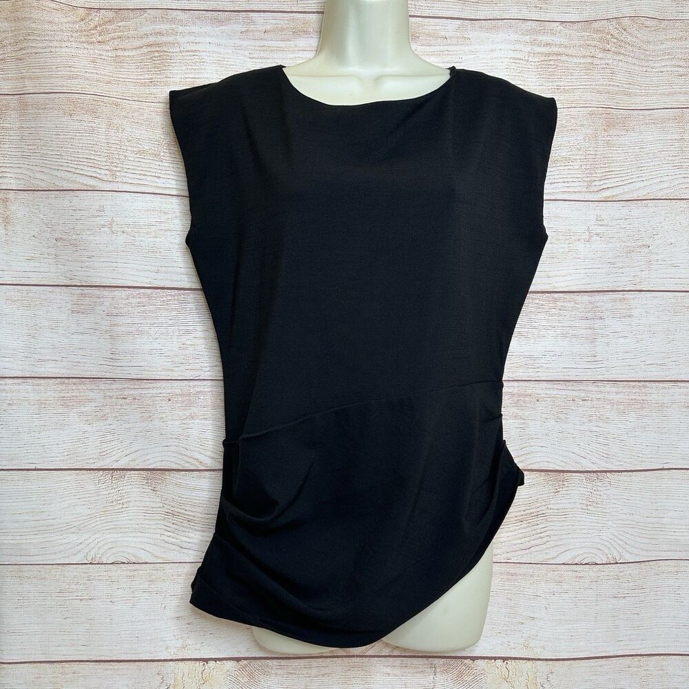 Ann Taylor Petite Pleated Lined Black Cap Sleeve High Side Blouse Top Women's 6P